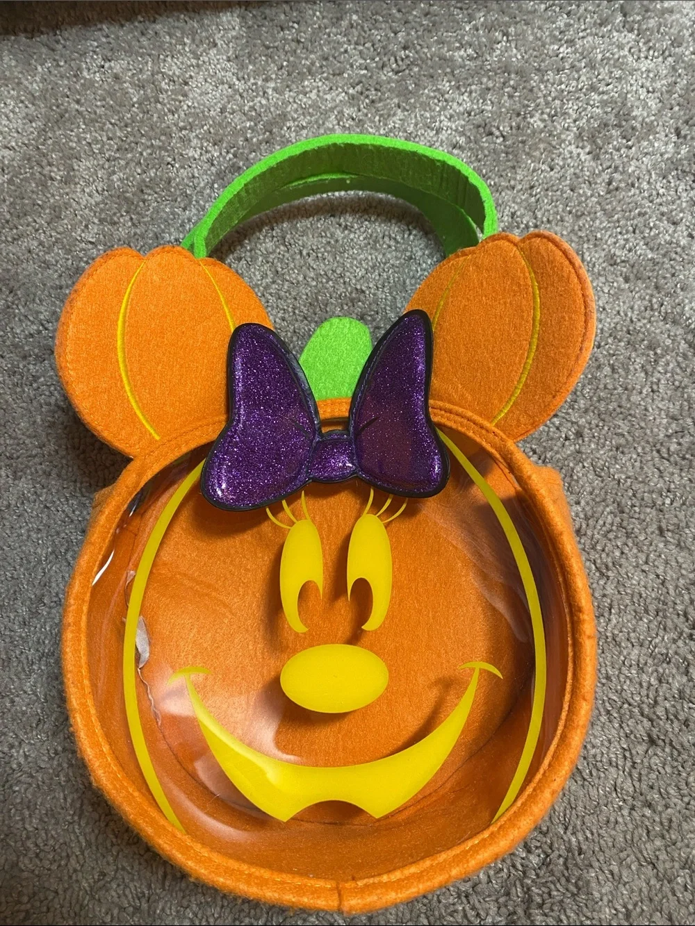 Disney Orange Pumpkin Minnie Trick-or-Treat Bag with Purple Bow and Green Handle